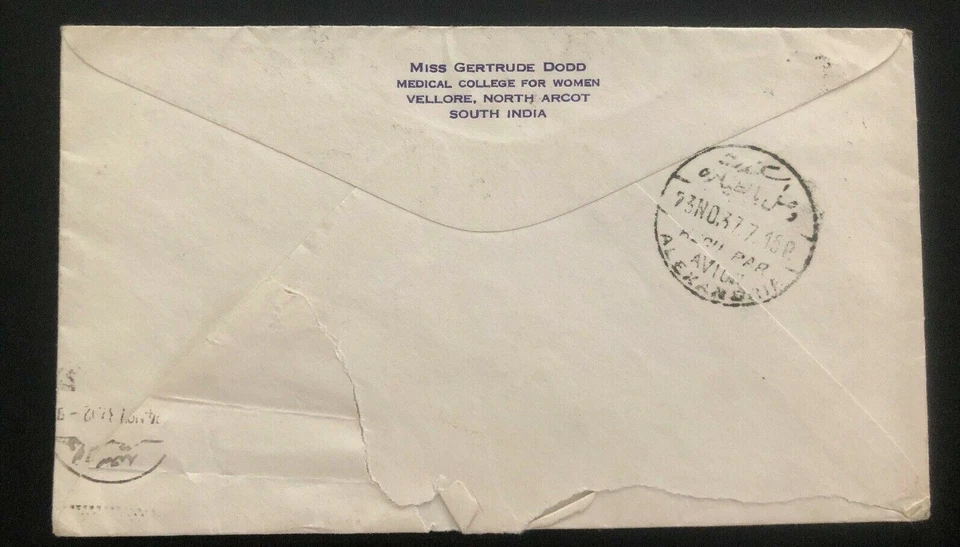 1937 Vellore India correo aéreo universidad médica cubierta a Puerto Said Egipto Foto 2 de 2