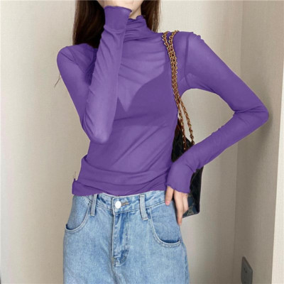 Lady Lace Mesh Shirt Tops Sheer High Neck Sexy Basic See Through
