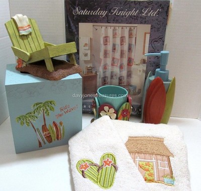 Tropical Beach Bathroom SURFS UP Shower Curtain & Accessory Set 6 piece Surfing