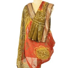 Sanskriti Vintage Dupatta Long Stole Red-Green Pure Georgette Bandhani Handblock