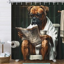 Funny Dog Bathroom Curtain, Cute Dogs Reading Newspaper on Toilet, Washable Clot