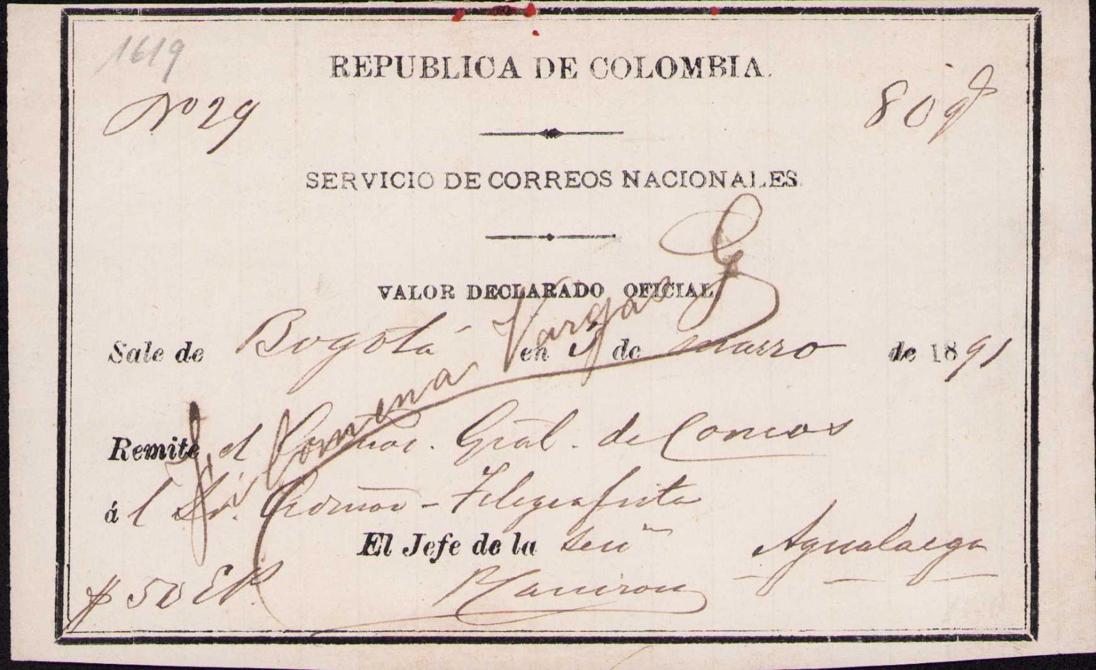 COLOMBIA - OFFICIAL INSURED LETTER - BOGOTA to AGUALARGA - 1891 - Sc GO32 RRR