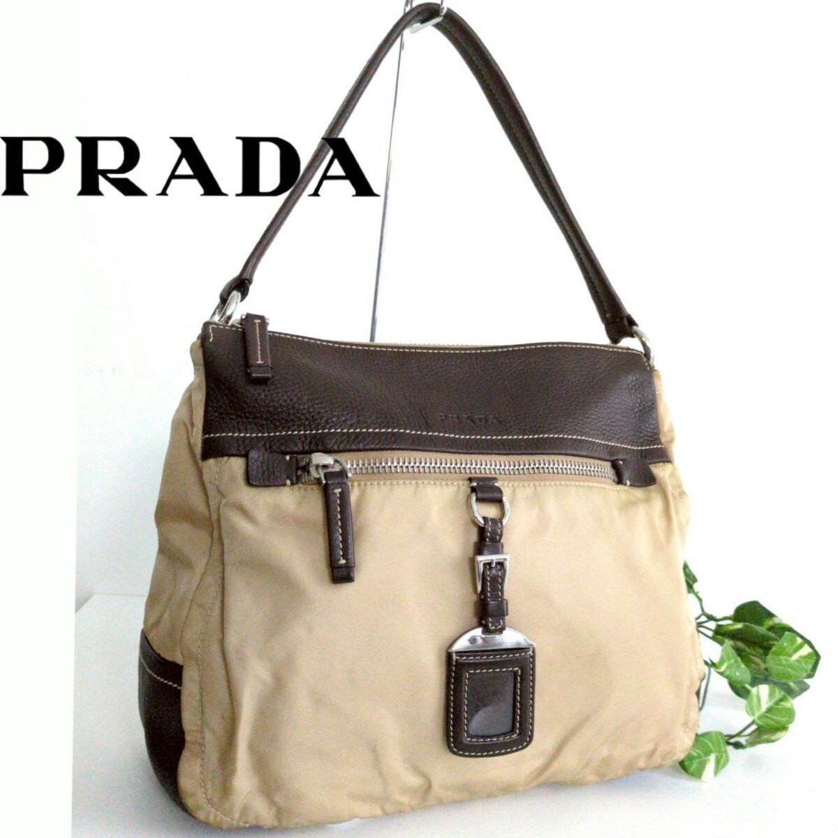 PRADA 99s Archive Shoulder Bag in Beige Brown Nylon Leather Blend