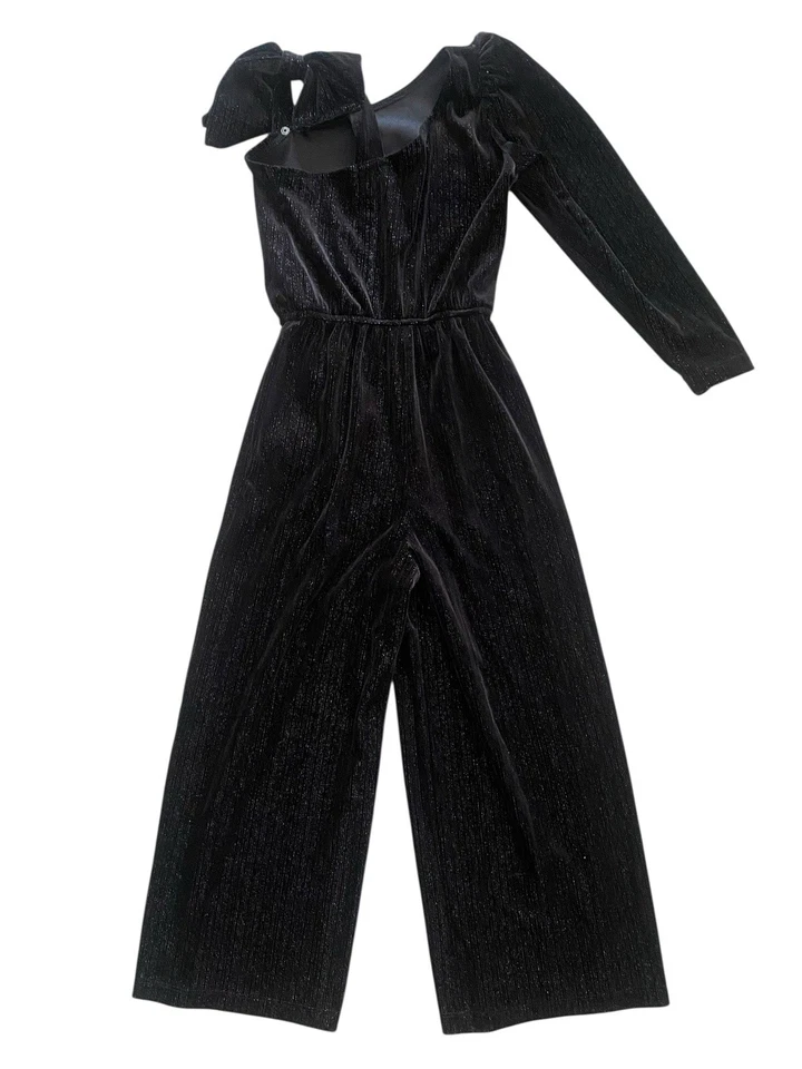 Zara Girls Black Velvet Jumpsuit Size 7 Metallic Sparkle - Bow Accent- Holiday - Image 4 of 4