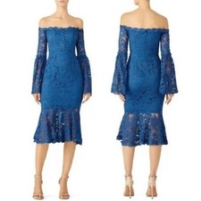 N Nicholas Blue Lace Octavia Cocktail Dress Off Shoulder Bell Sleeve Size 10
