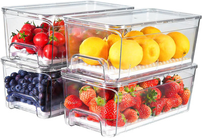 4-Pack Refrigerator Drawer Organizer Bins, Clear Stackable Pull Out Fridge Organ