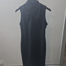 Calvin Klein Sheath Dress 6 Black Sleeveless High Neck Draped Zip Knee Length