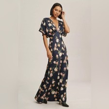 BHLDN Leila Deep-V Flutter-Sleeve Satin A-Line Gown Anthro 20W Navy Gardenia