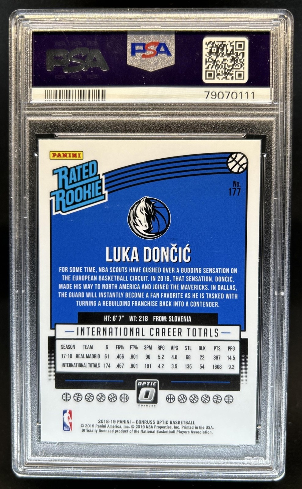 2018-19 Panini Donruss Optic Luka Doncic Rookie RC #177 Mavericks PSA 10 view 2