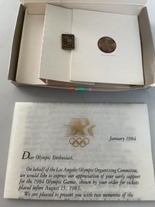 1984 Olympic Lapel Pin & Olympic Friendship Medallion w/ Box and Letter