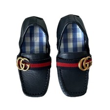 GUCCI GG Web Kids Toddler Navy Blue Loafers Sz 24