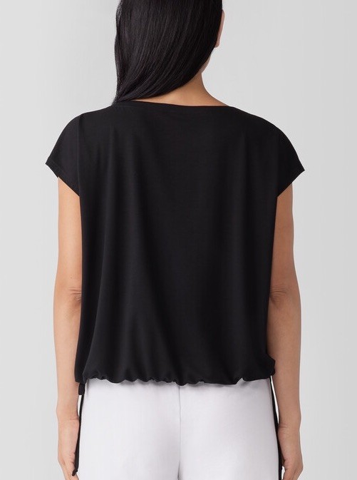 Eileen Fisher L Black Fine Jersey Knit Square Top Bateau Neck Drawstring Waist