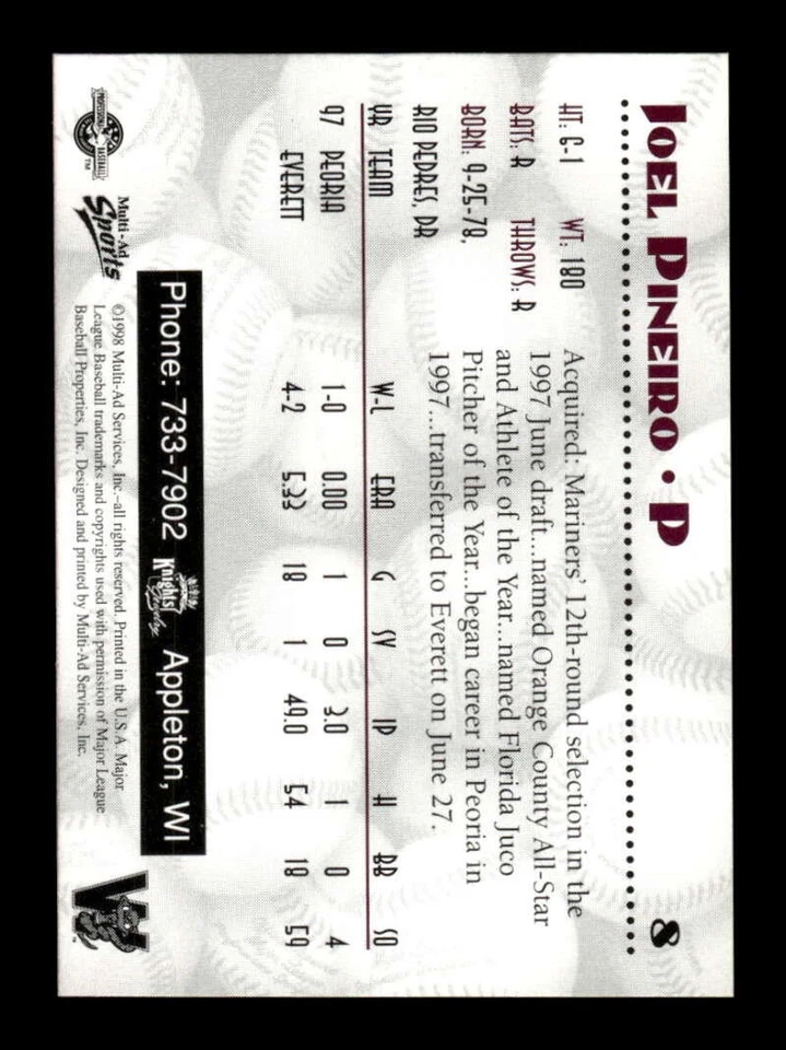 1998 Multi-Ad Wisconsin Timber Rattlers #8 Joel Pineiro NM-MT BXCP02 - Image 2 of 2