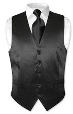 Biagio Men's SILK Dress Vest  NeckTie Solid BLACK Color Neck Tie Set