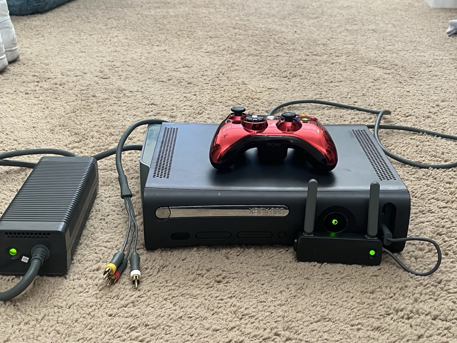 Microsoft Xbox 360 Black Console w/ Red Controller, Power Supply, AV, and Wi-Fi 