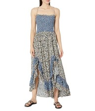 Free People "One I Love" Lace-Up, Ruffle Slits, Floral Maxi Dress - Blue, Size S