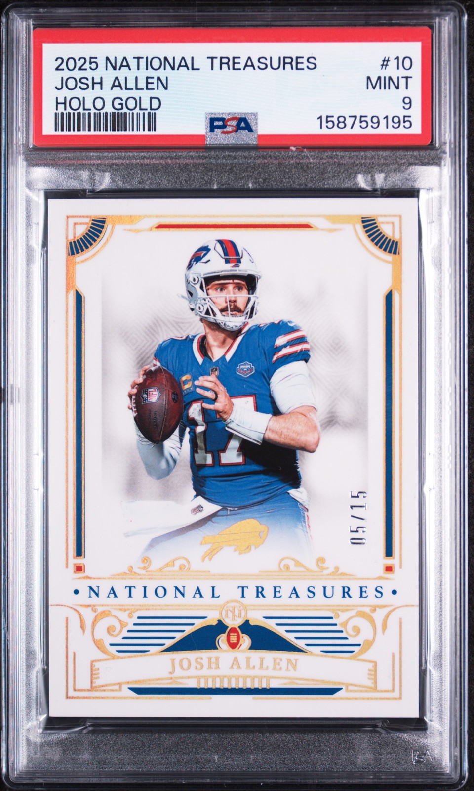2025 PANINI NATIONAL TREASURES HOLO GOLD #10 JOSH ALLEN 5/15 PSA 9 view 1