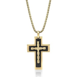 Gold & Matte Black Ion Plated Stainless Steel Cross Pendant - 24 Inch Box Chain