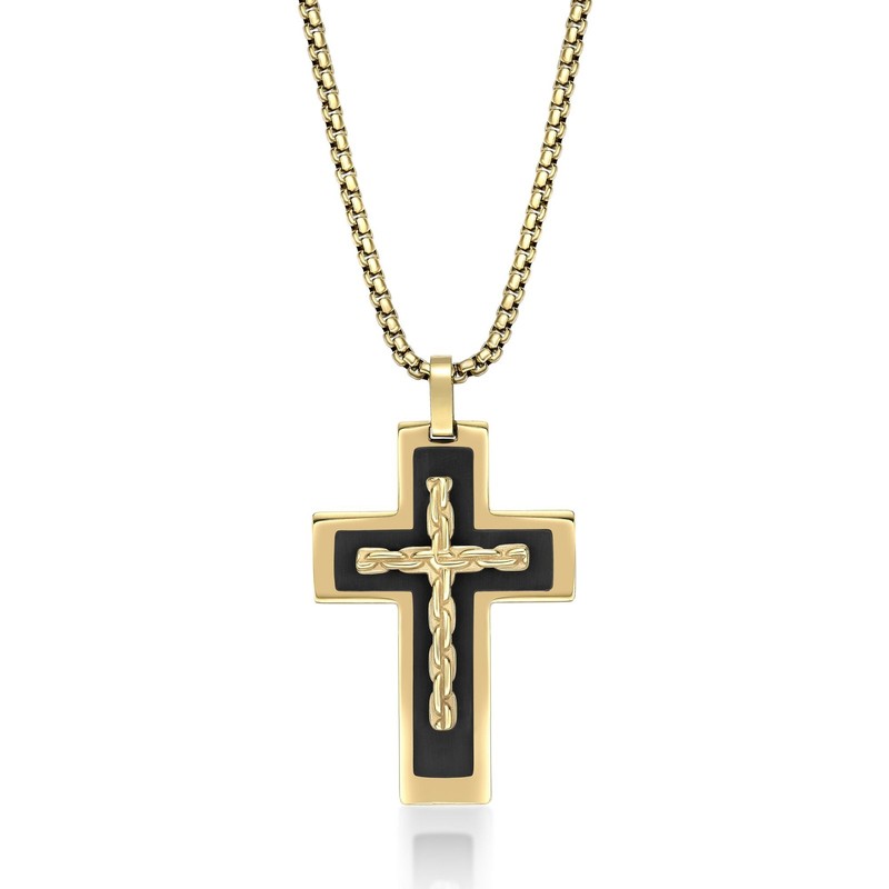Gold & Matte Black Ion Plated Stainless Steel Cross Pendant - 24 Inch Box Chain