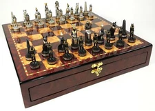 Egyptian Anubis Chess Set Black & Silver Gold Accents Cherry Color STORAGE Board