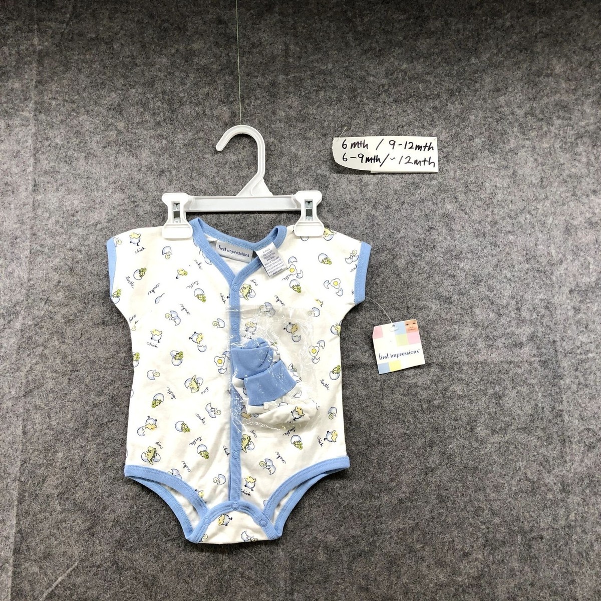 NWT First Impressions Baby 6-9M Hatching Egg Bodysuit Mitten Set Short  Sleeve