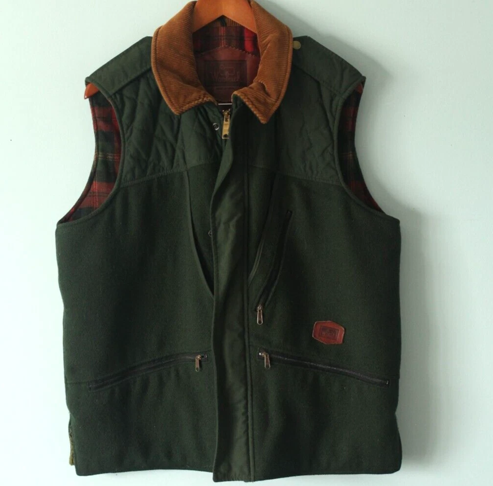 Vintage Woolrich Men Medium Wool Green Utility Vest Flannel Lined