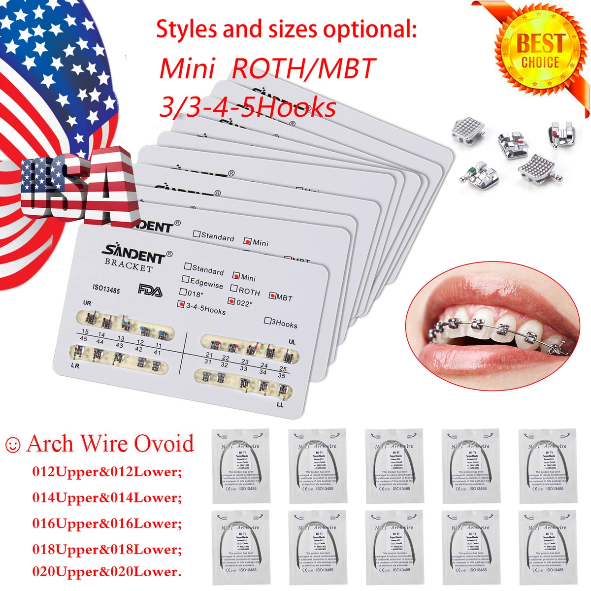 10 Brackets Orthodontiques Roth/MBT .022 Avec Crochet - Métal, Pour Traitement Dentaire