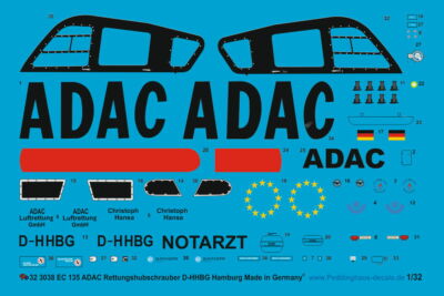 Peddinghaus-Decals 1/32 3038 Ec 135 ADAC Hélicoptère de Sauvetage Hamburg