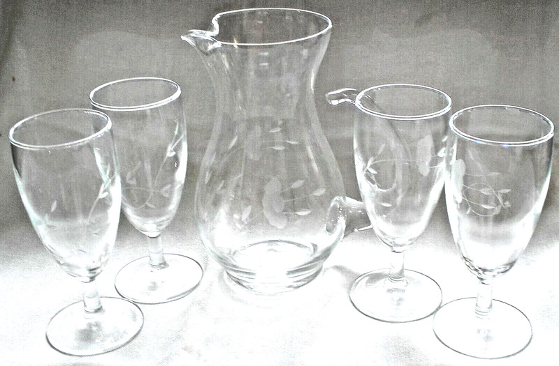 Antique Vintage Glass Cordial Set, Pitcher and 4 Cordial glasses Etched