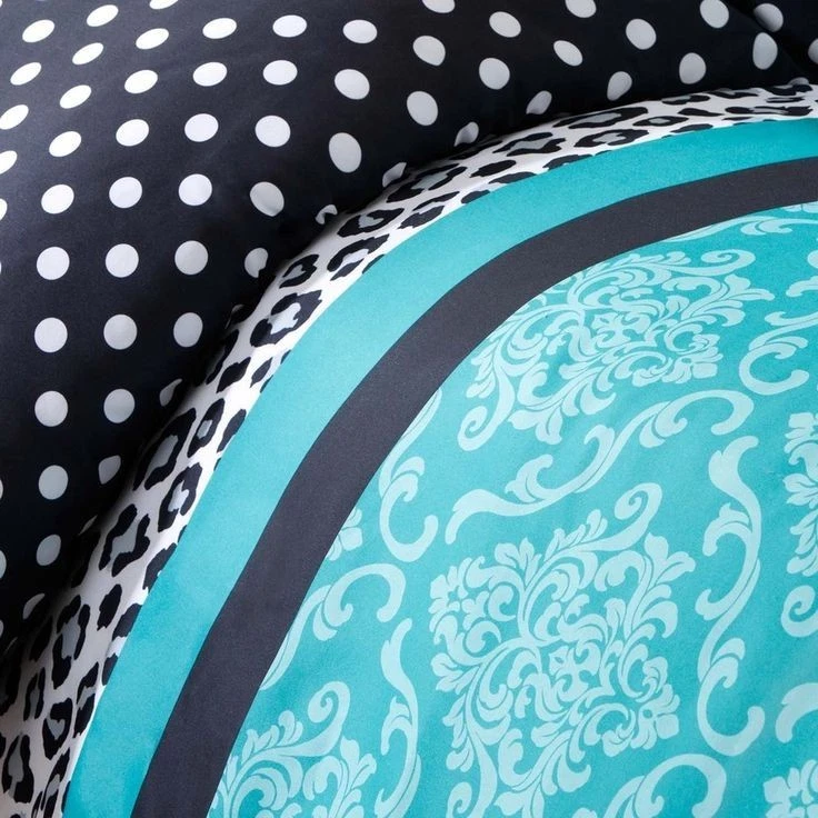 JUEGO EDREDÓN MODERNO CHIC AQUA VERDE AZULADO NEGRO LEOPARDO ANIMAL AZUL LUNARES Foto 3 de 4