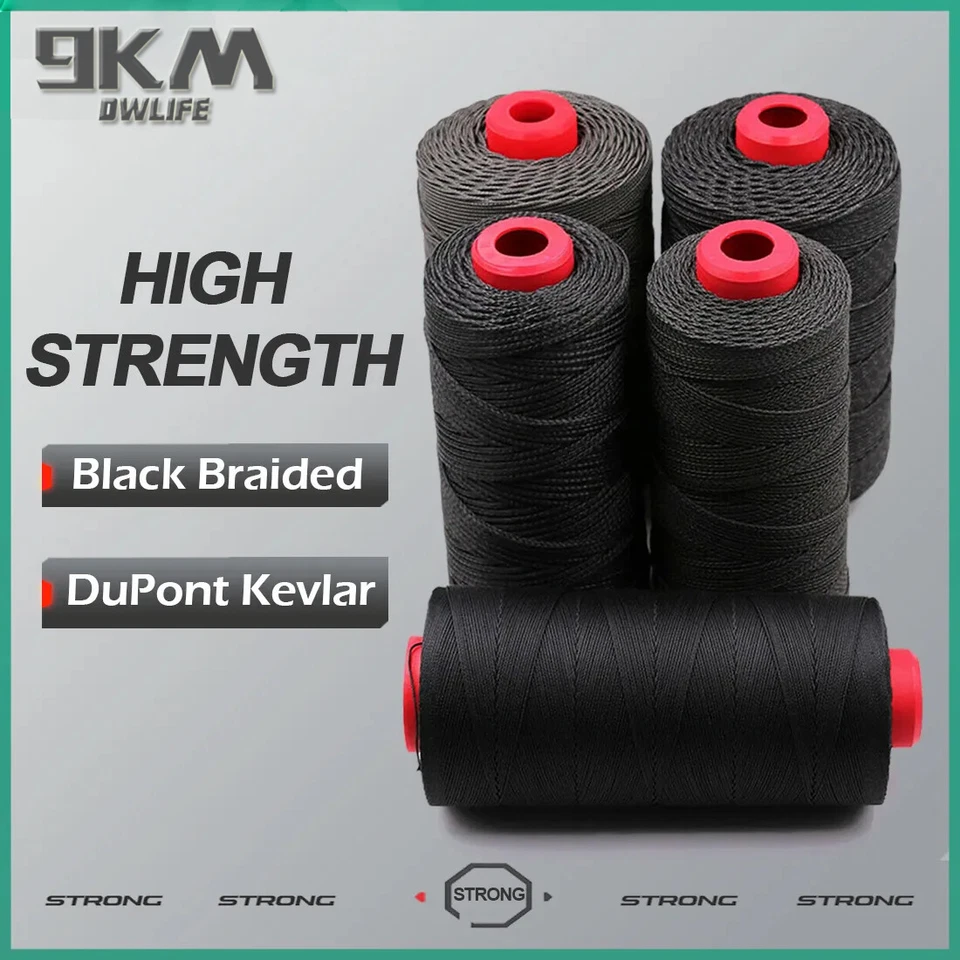 9KM Black Kevlar Cord Sewing Threads 300lb 400lb Heat Resistance Made with Kevlar