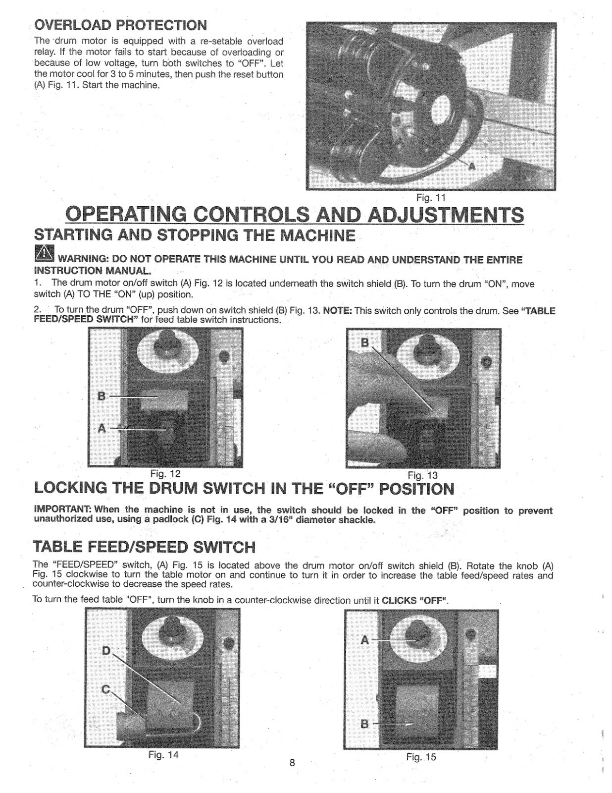 Drum Sander Instruction Operator Manual Fits Delta 18 x 36 31250 31