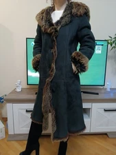 Toscana black suede shearling sheepskin winter Coat with Real Fur Trim syze M-L