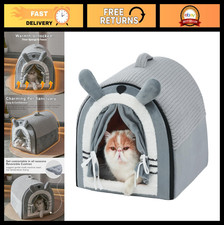 Cozy Indoor Cat Cave Bed with Door Curtain, Portable  Washable Cushion, Grey
