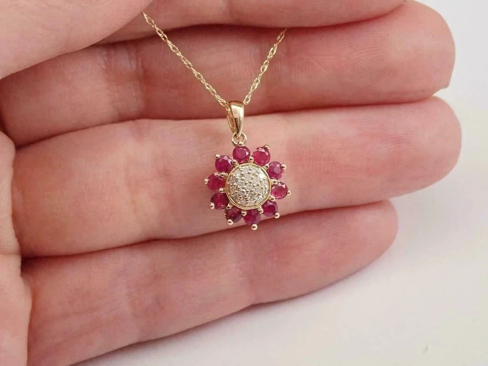 1.5Ct Round Cut Lab Created Red Ruby Flower Pendant 14K Yellow Gold Finish 18" - Image 4 of 4