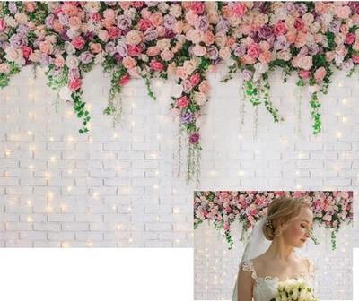 10x8 Ft Pink Flowers Brick Wall Backdrop Glitter Rose Floral Wedding Photo