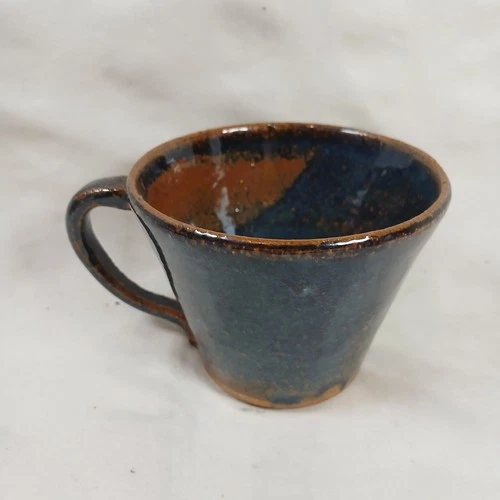 Art Pottery Coffee Cup Mug Blue Brown Glaze Signed by Artist MCM @8oz