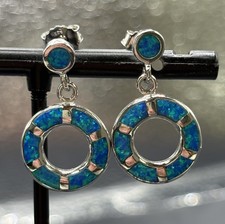 New Condition Sterling Silver Lab Blue Opal Circle Dangle Earrings Free Shipping