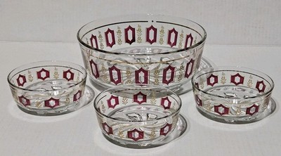 Vintage Devalbor Italy Red Gold Regal Salad Bowl & 3 Serving Bowls Chips Dips 