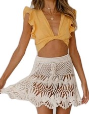 NWT INDIA BOUTIQUE OSFM Hollow Out Crochet Cover-Up Skirt Scalloped Edge Beige