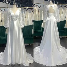Simple Satin Wedding Dresses Long Sleeves V Neck A Line Lace Bridal Gowns Custom