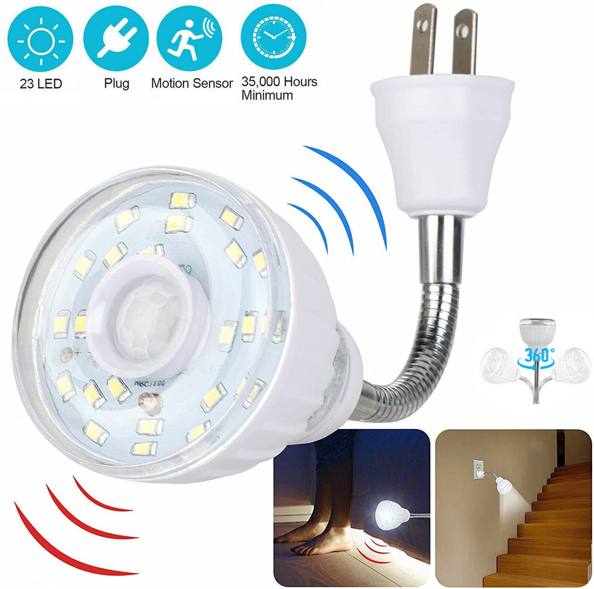 LED Motion-Activated Sensor Night Light AC Outlet Plug-In Wall 
