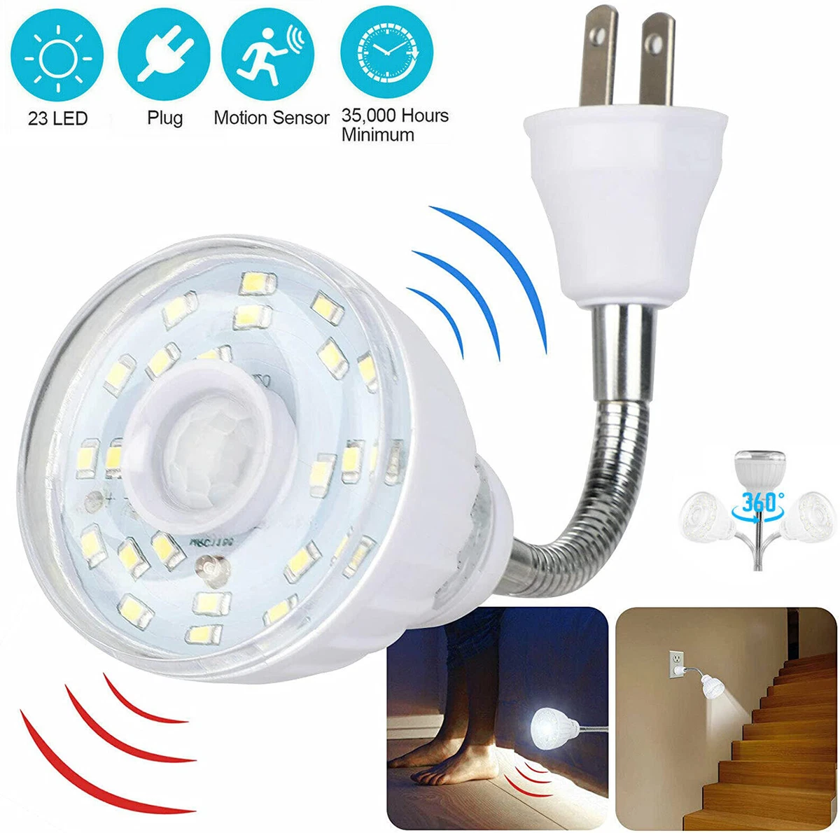 LED Motion-Activated Sensor Night Light AC Outlet Plug-In Wall