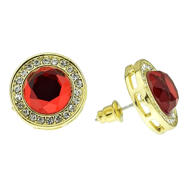 Men's Red Faux Ruby Hip Hop Circle Round Bling Earrings Iced Gold