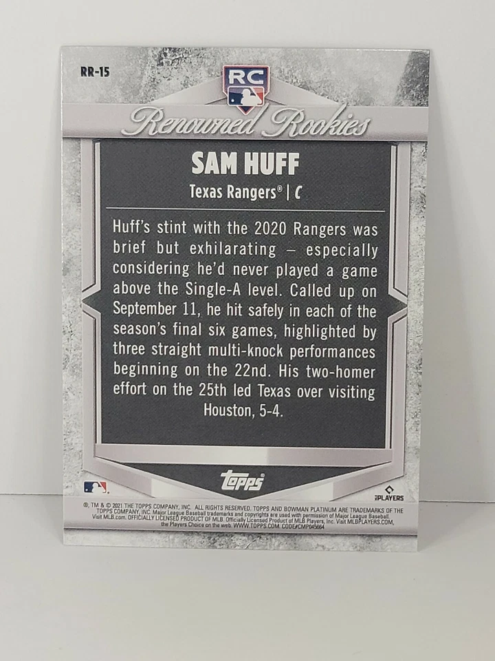 2021 Bowman Platinum - SAM HUFF - Renowned Rookies - Rangers RC #RR15 - Image 2 of 2