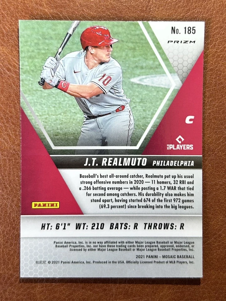 2021 Panini Mosaic Pink Camo Prizm J.T. Realmuto Philadelphia Phillies #185 - Image 2 of 2