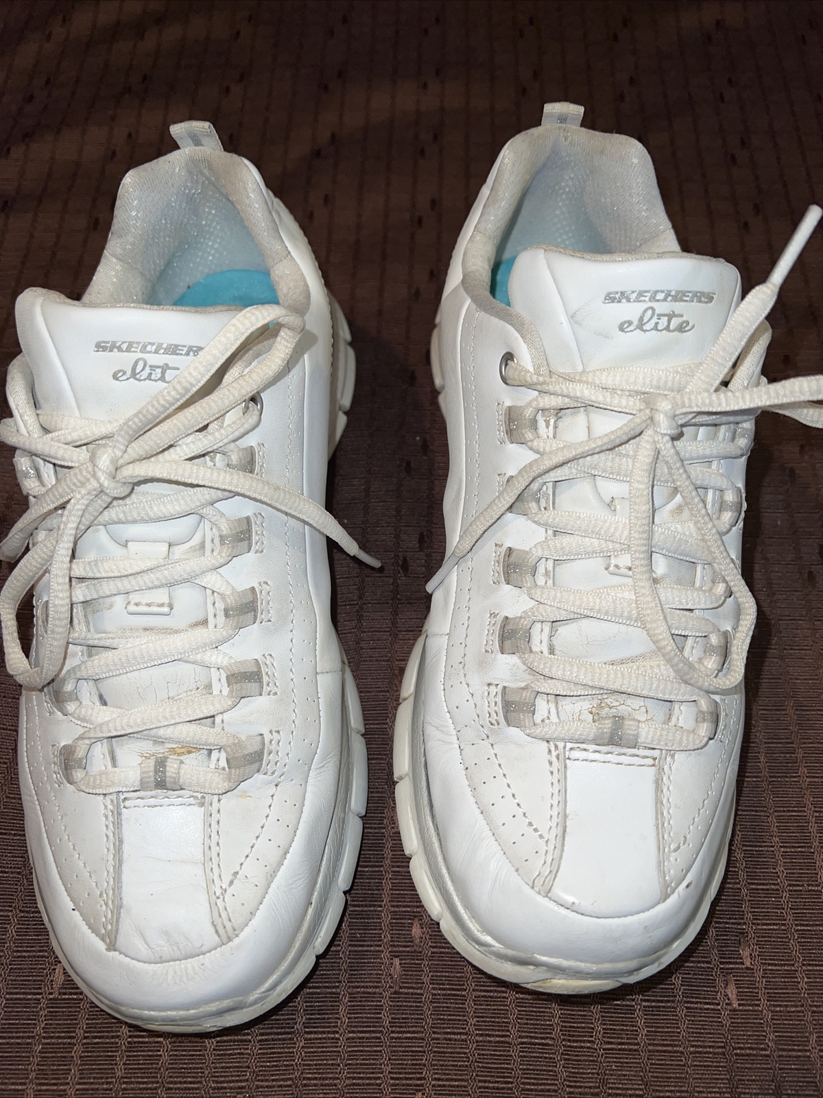 Skechers Elite Sz Womens White Leather Lace Up Sneakers Memory