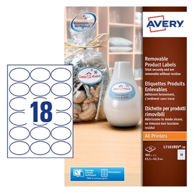 Avery glänzend abnehmbare Etiketten, 64x42mm, alle Drucker, 360 Etiketten (L7101REV-20)
