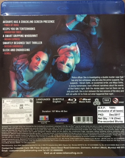 ITTEFAQ BLU-RAY SIDHARTH MALHOTRA SONAKSHI SINHA BOLLYWOOD MOVIE BLURAY