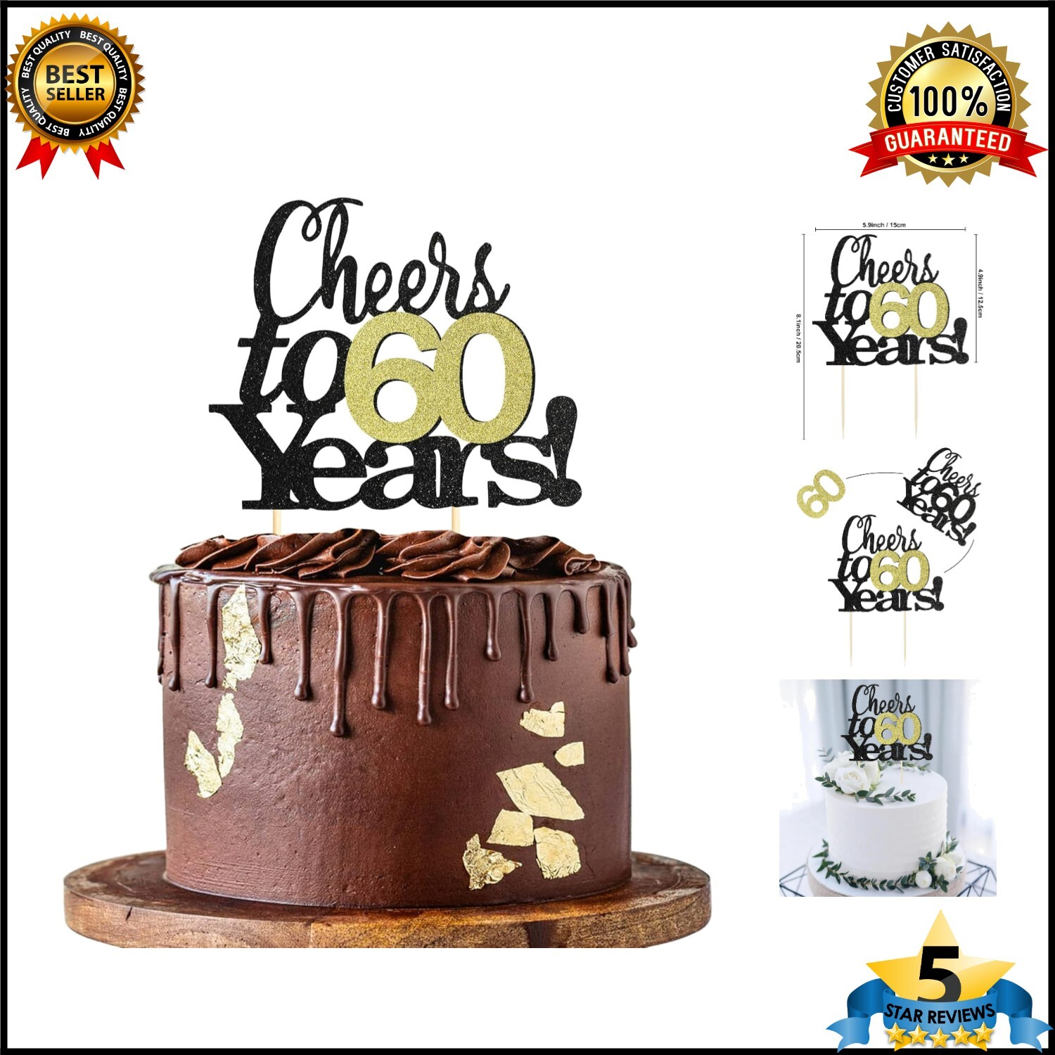 Cheers to 60 Years Cake Topper for 60th Birthday or Wedding Anniversary Celebration